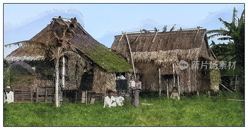 古色古香的黑白照片:尼帕小屋和菲律宾家庭