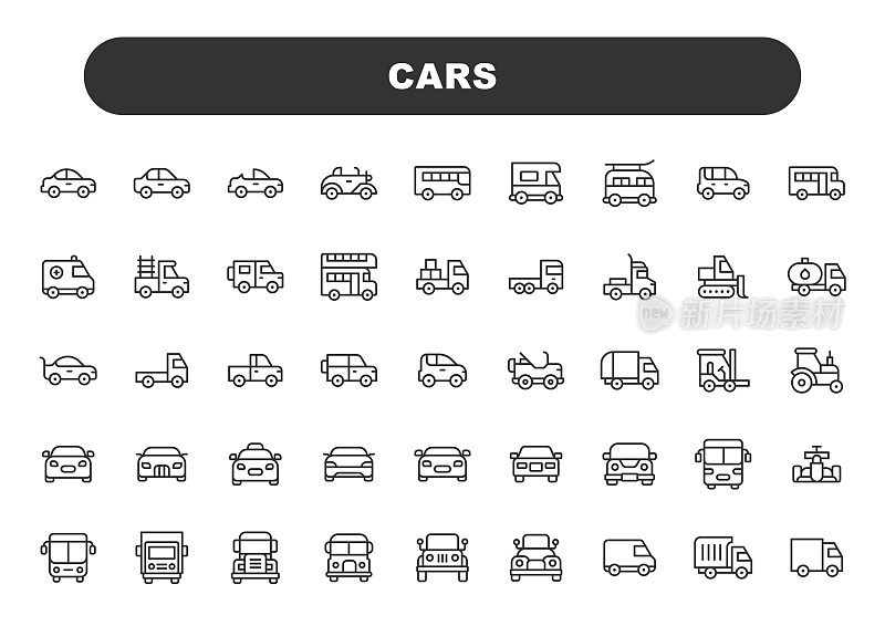 汽车线路图标。可编辑的中风。包含这样的图标，汽车，公共汽车，驾驶，电动汽车，混合动力，赛车，轿车，出租车，拖拉机，运输，旅行，卡车，面包车，车辆。