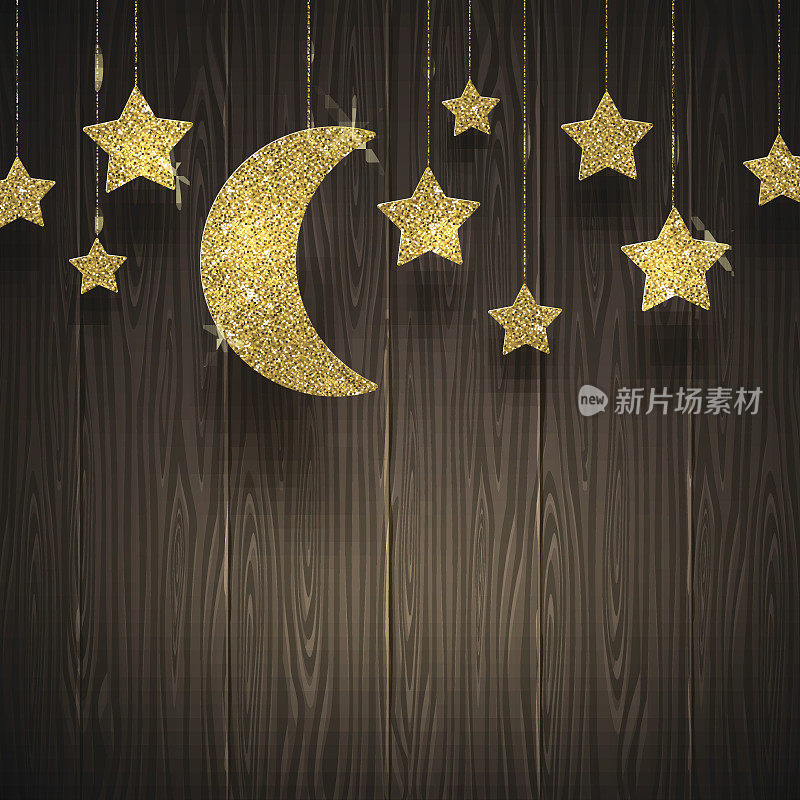 闪闪发光的金色星星和月亮在木质纹理的背景上