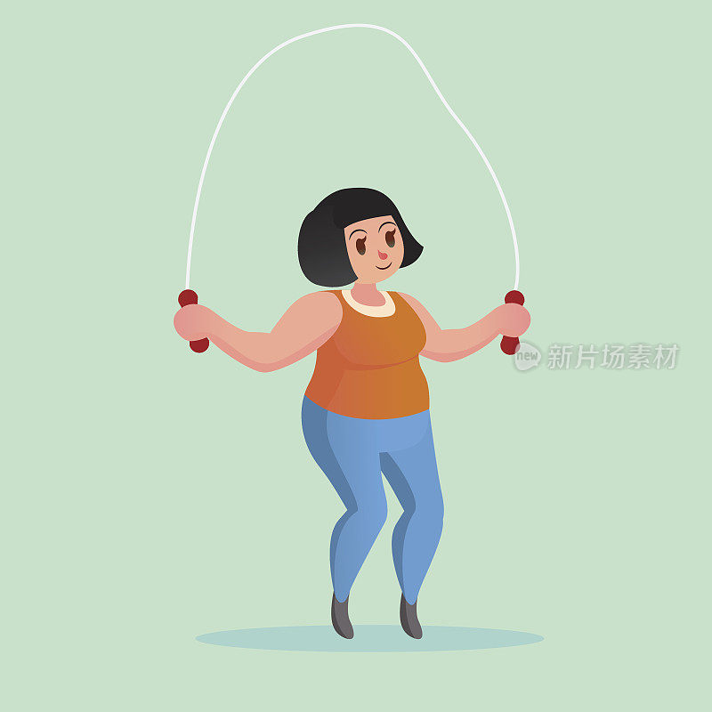 肥胖的年轻女子跳绳锻炼有趣的卡通矢量插图