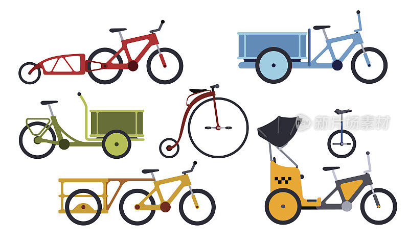 一套自行车和三轮车剪影图标