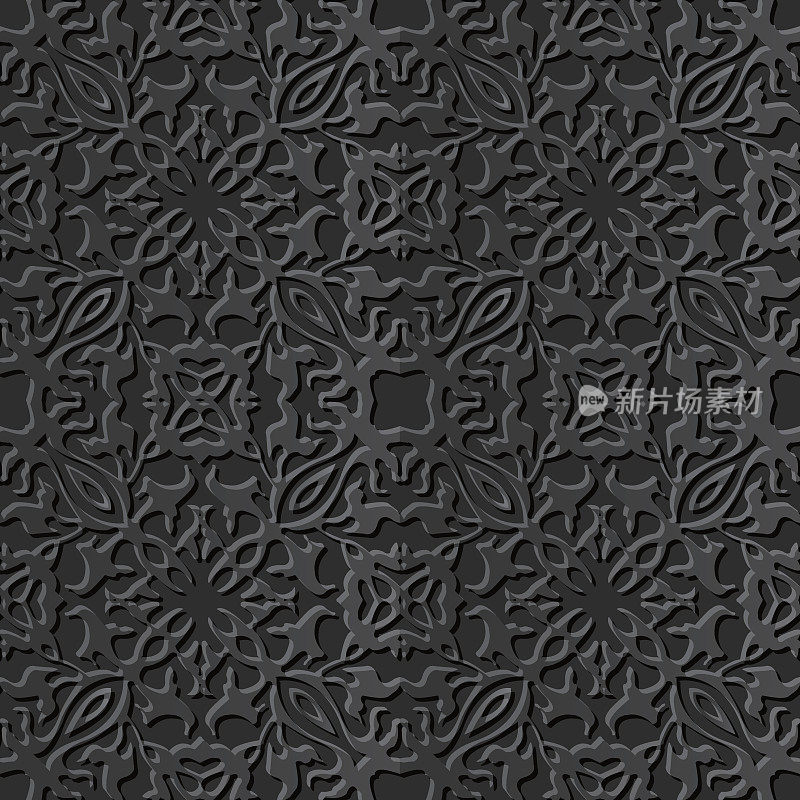 无缝3D优雅的黑纸艺术图案008万花筒十字