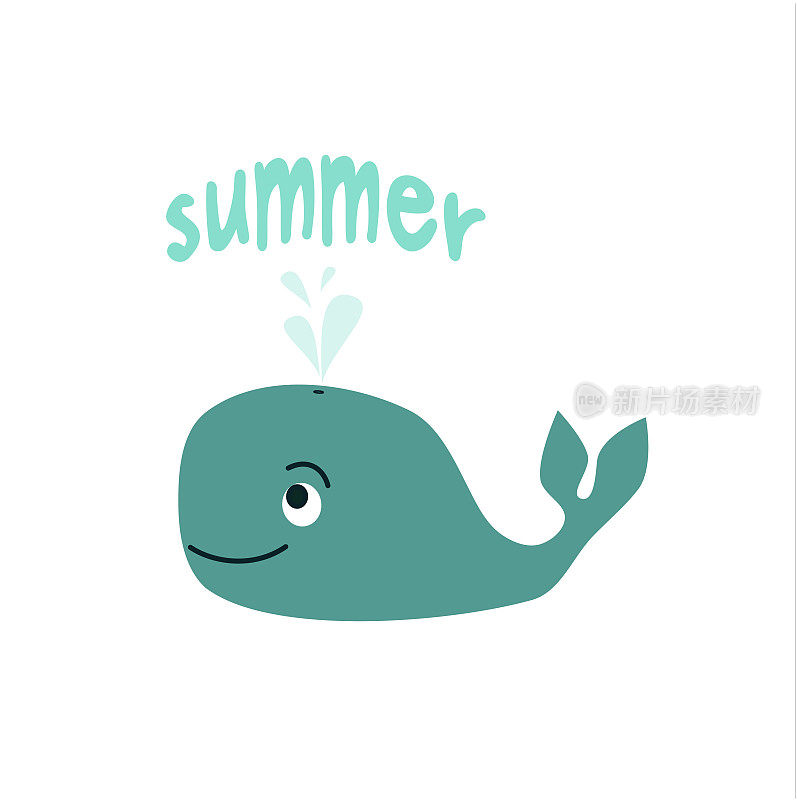手绘字母夏季卡片可爱的卡通彩色鲸鱼矢量插图孤立在白色的背景