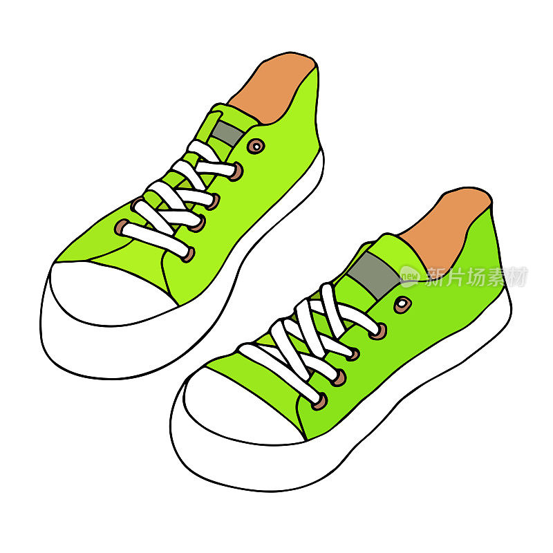 绿色的运动鞋。夏天脚穿。手绘矢量艺术草图。在白色背景上隔离