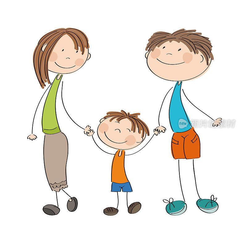 快乐的年轻家庭-妈妈，爸爸和小男孩的原创手绘插图