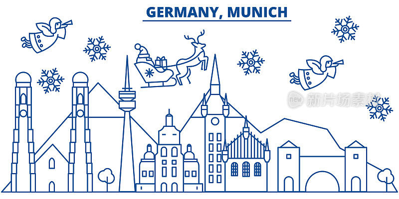 德国慕尼黑冬季城市天际线。圣诞快乐，新年快乐横幅上装饰着圣诞老人。冬季贺卡。平,轮廓向量。线形圣诞雪插画