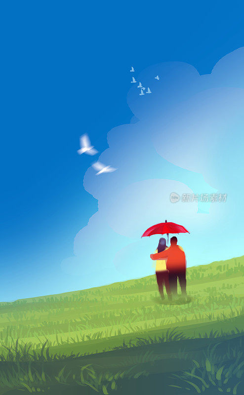 数字插画艺术绘画风格的恋人恋人在红色的伞下在绿色的田野或草地，白色的鸟在蓝天和蓬松的云。爱情，情人节的概念。