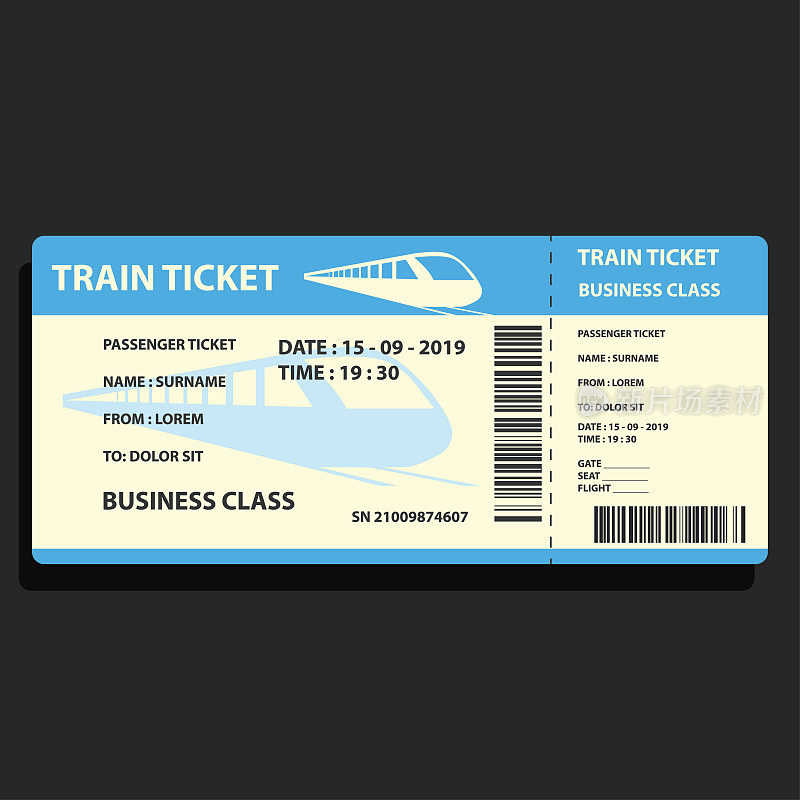 乘火车旅行的火车票。矢量图