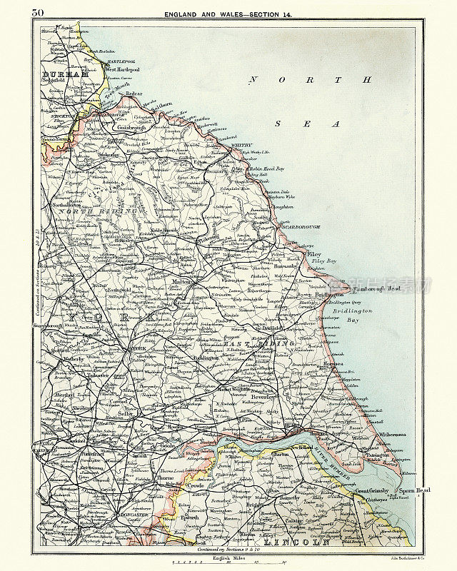 古老的地图，19世纪约克郡北部和东部
