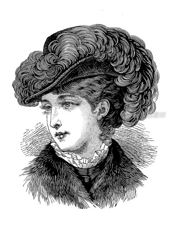 戴圆边帽的女人，19世纪的时尚