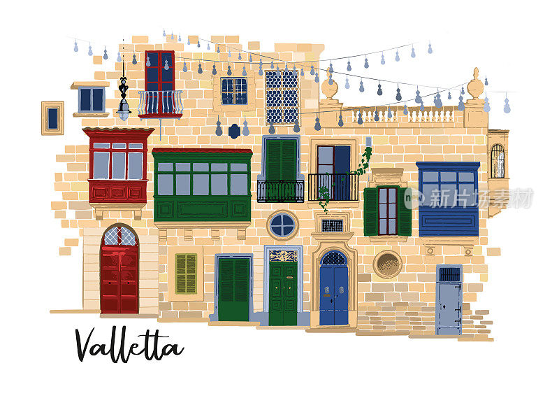 瓦莱塔的部分传统马耳他房屋由沙石砖砌成，有各种门、窗和阳台