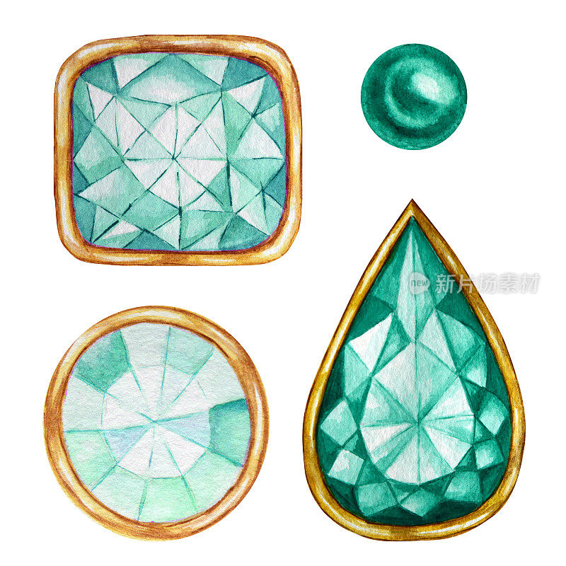 绿色薄荷水晶在一个黄金框架和珠宝珠子。手绘水彩钻石。白色背景上孤立的奢侈品。手工制作珠宝的宝石。