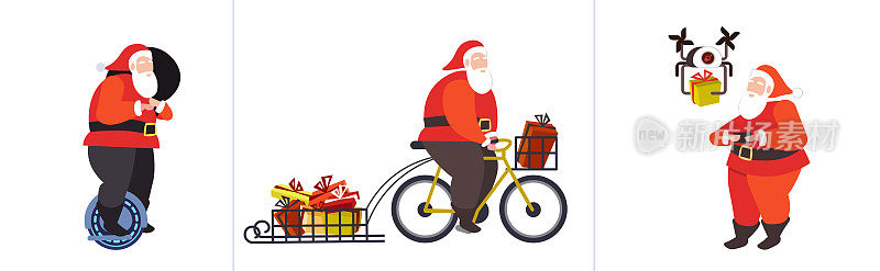 设置圣诞老人骑单轮自行车和控制无人机圣诞快乐新年冬季假期庆祝概念水平全长