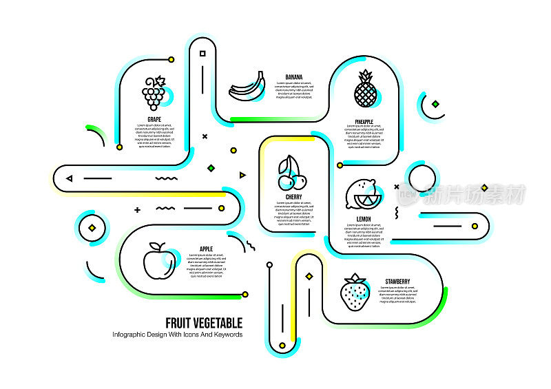 信息图表设计模板与水果蔬菜的关键字和图标