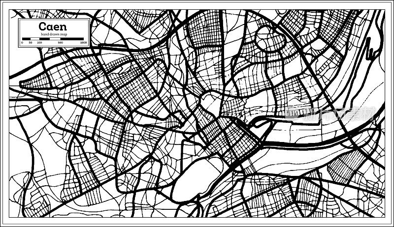卡昂法国城市地图黑白复古风格。略图。