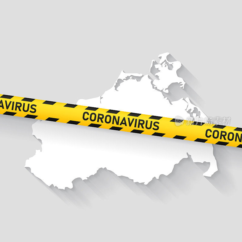 Mecklenburg-Vorpommern地图与冠状病毒警告胶带。Covid-19爆发