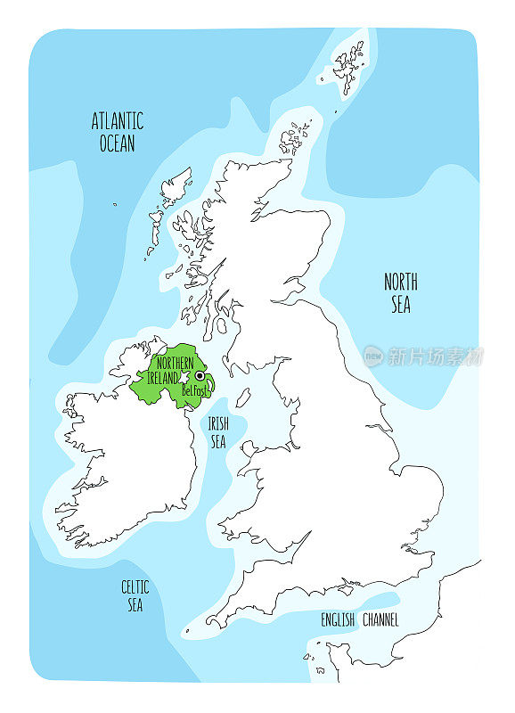 北爱尔兰和不列颠群岛手绘地图。