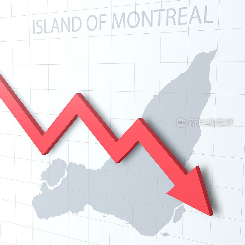 落下的红色箭头与蒙特利尔岛的地图在背景上