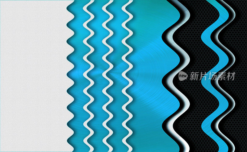 蓝色拉丝金属板，白色曲线和黑色金属格栅。未来的技术背景。