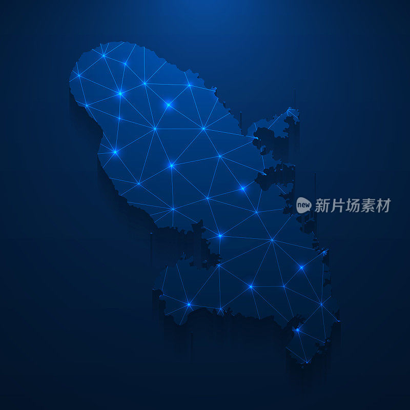 马提尼克地图网络-明亮的网格在深蓝色的背景