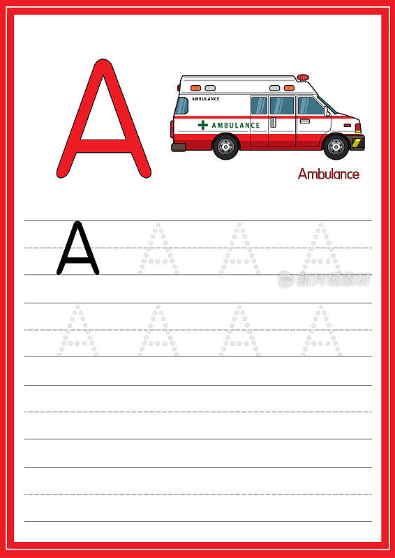 救护车矢量图孤立在白色背景上。用大写字母A作为教学和学习的媒体，供儿童识别英文字母或供儿童学习写字母用于家庭和学校学习。