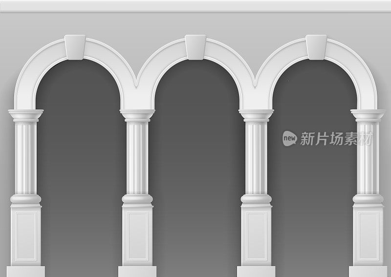 古董拱廊。建筑拱门用石柱，古典罗马或希腊宫殿内部用柱子，城堡正面矢量插图