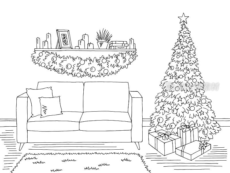 客厅图形圣诞树黑白室内素描插图向量