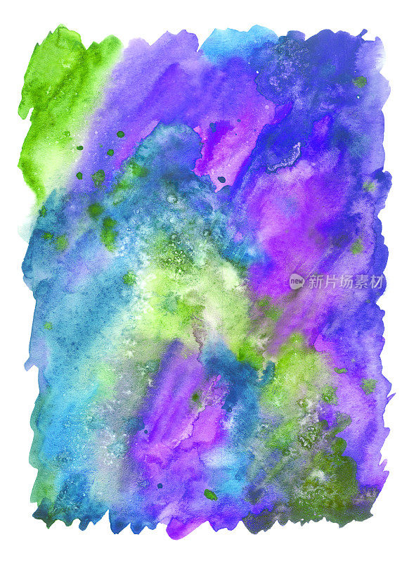 充满活力的抽象背景与溅和溅水彩颜料在紫色-绿色的色调