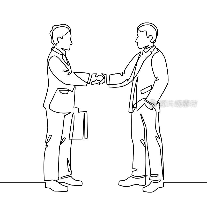 一行握手。商务协议符号握手，合作伙伴协作，合作伙伴协作连续线矢量概念