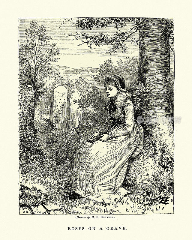 19世纪，维多利亚时代，19世纪70年代，年轻女子在她爱人的坟墓前哀悼