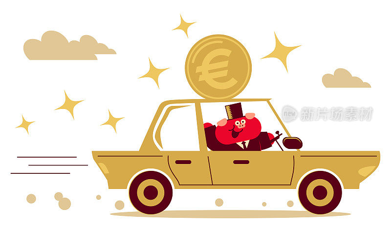 身着西装、头戴大礼帽的可爱猪商人开着印有欧元标志硬币的汽车(欧盟货币)