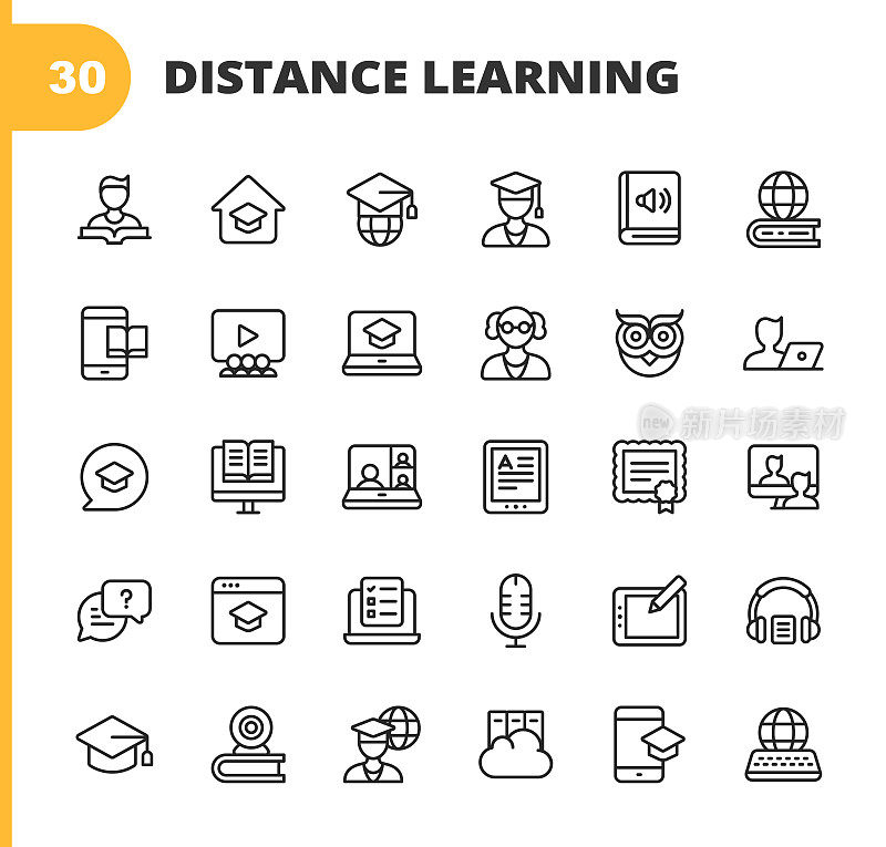 远程学习，家庭教育线路图标。可编辑的中风。像素完美。移动和网络。包含图书、学生、在线学习、大学、毕业、教学、在线课程、视频会议、手机App、考试、视频教程等图标。