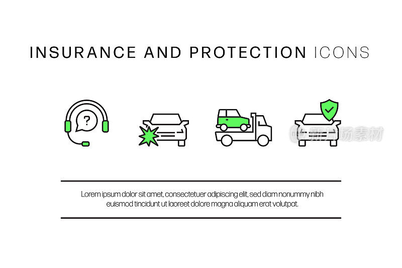 保险和保护相关的平面线图标，轮廓矢量符号插图。