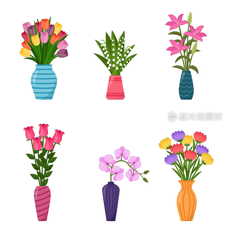 一套有花的花瓶。收集花束在花瓶，矢量插图