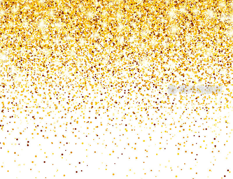 闪闪发光的金色在白色矢量背景。闪亮的五彩纸屑与黄金碎片。圣诞或新年贺卡的灯光效果