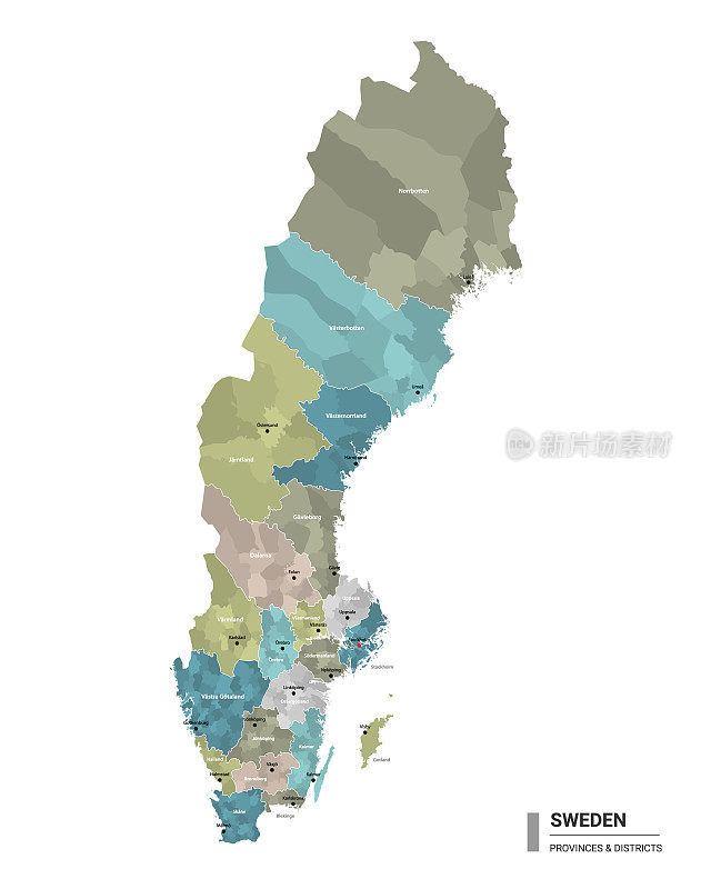 瑞典有详细的地图和细分。瑞典行政地图，有地区和城市名称，按州和行政区域着色。矢量插图。
