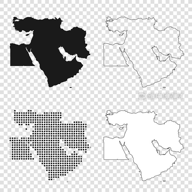 中东地图设计-黑色，轮廓，马赛克和白色
