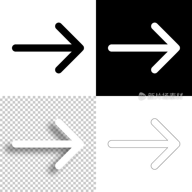 右箭头。图标设计。空白，白色和黑色背景-线图标