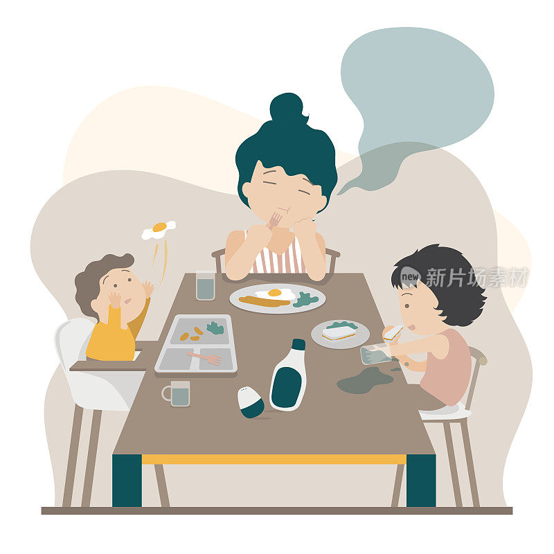 疲惫的妈妈带着她的孩子们一起吃饭，扁平可爱的人物设计，孩子们在他们的餐桌上弄得一团糟