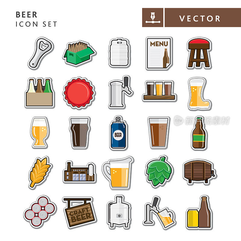 精酿啤酒平面设计主题图标设置在白色背景