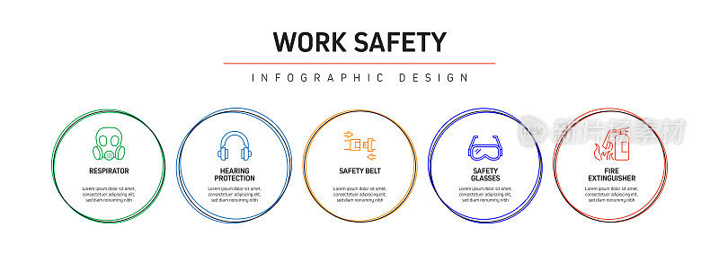 工作安全相关过程信息图表模板。过程时间图。使用线性图标的工作流布局