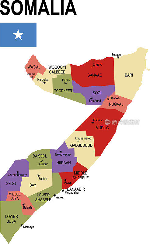 索马里彩色平面地图与旗帜