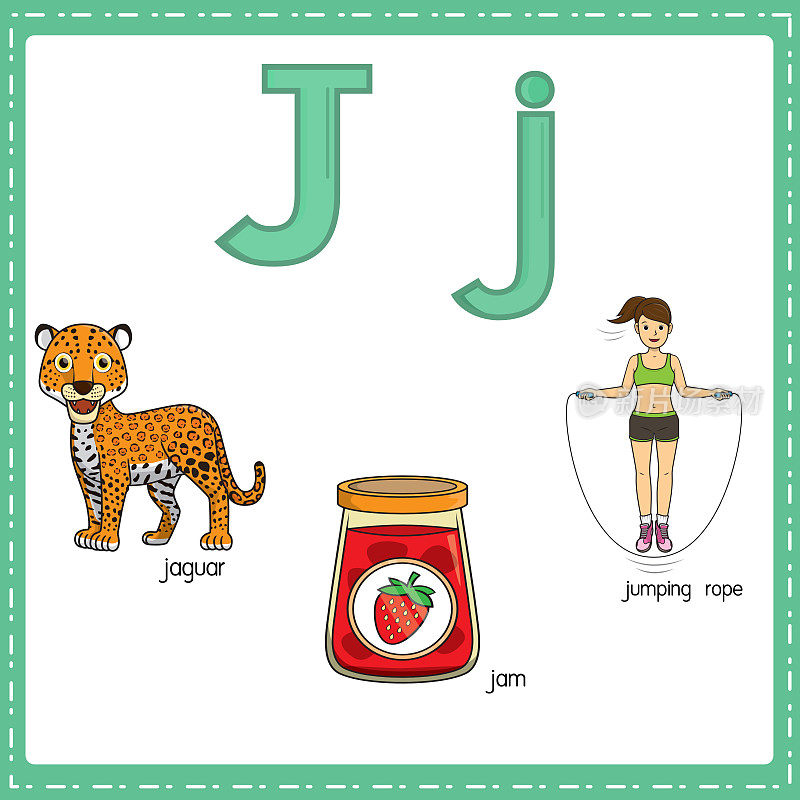 向量插图学习字母J的小写和大写的儿童与3卡通图像。捷豹果酱跳绳。