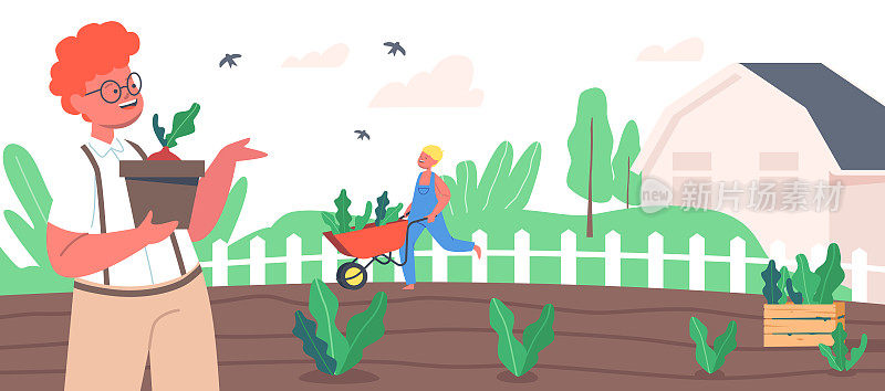 儿童农民或农民在花园工作种植芽到地面，照顾植物。儿童户外活动爱好