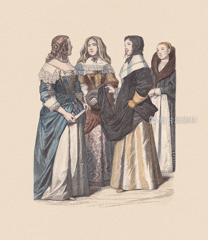 17世纪，英国和法国的服装，手工着色木刻，大约于1880年出版