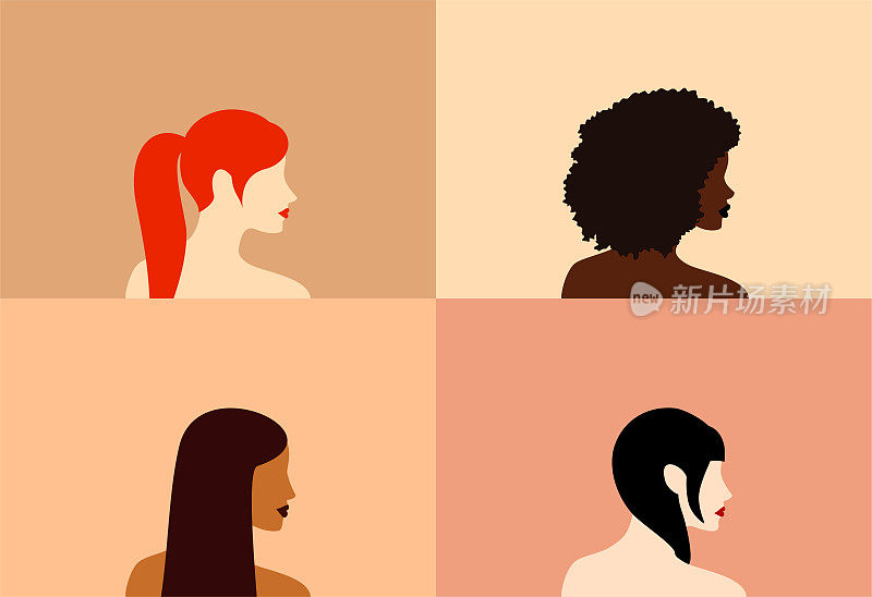四个美丽的女人，不同的皮肤，头发和种族的侧面。平面向量插图