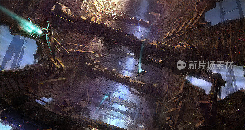 未来科幻小说的数字插图，宇宙飞船飞行通过抽象的结构环境景观