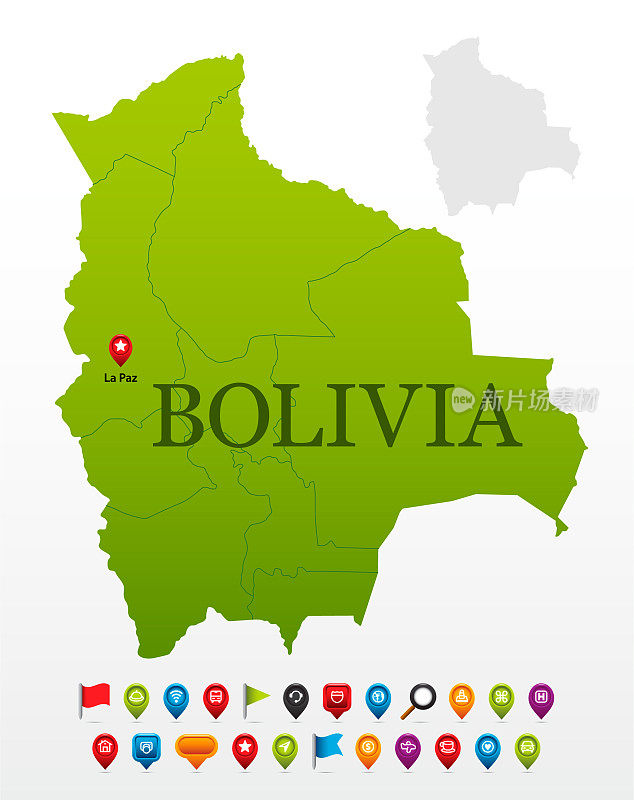 玻利维亚绿色地图与可编辑的地区和导航图标