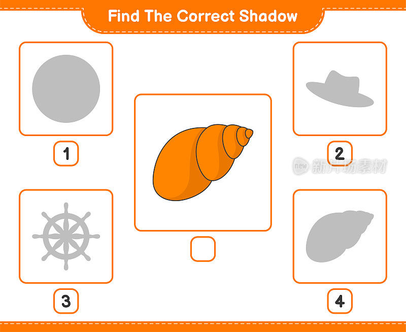 找到正确的影子。找到并匹配海贝壳的正确阴影。教育儿童游戏，可打印的工作表，矢量插图