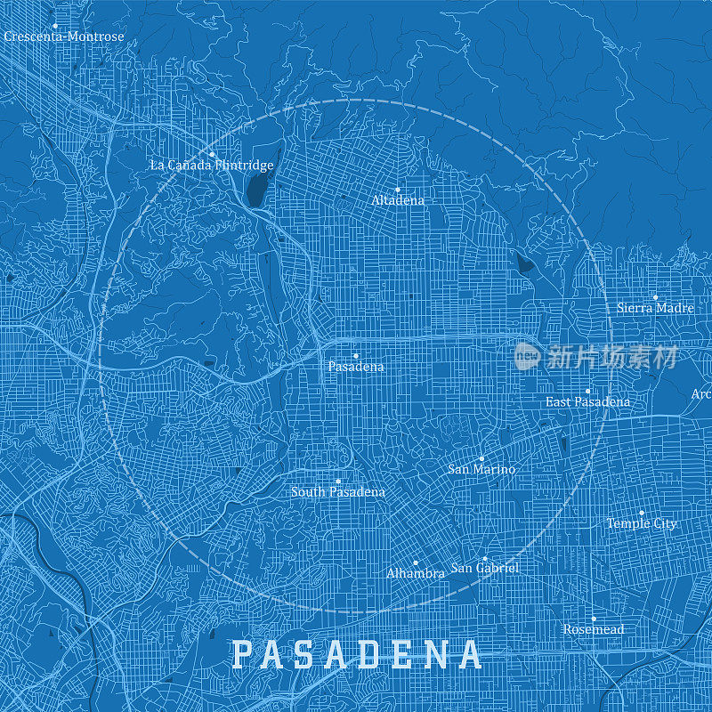 帕萨迪纳CA城市矢量道路地图蓝色文本
